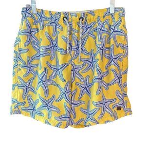 Island Haze Boys Sz M Yellow Blue Starfish Print Pocket Lined Swim Board Shorts